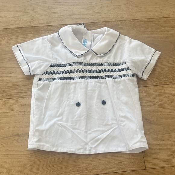 Classic White Kids Shirt with Navy Accents 3 boys smocked - Picture 1 of 3
